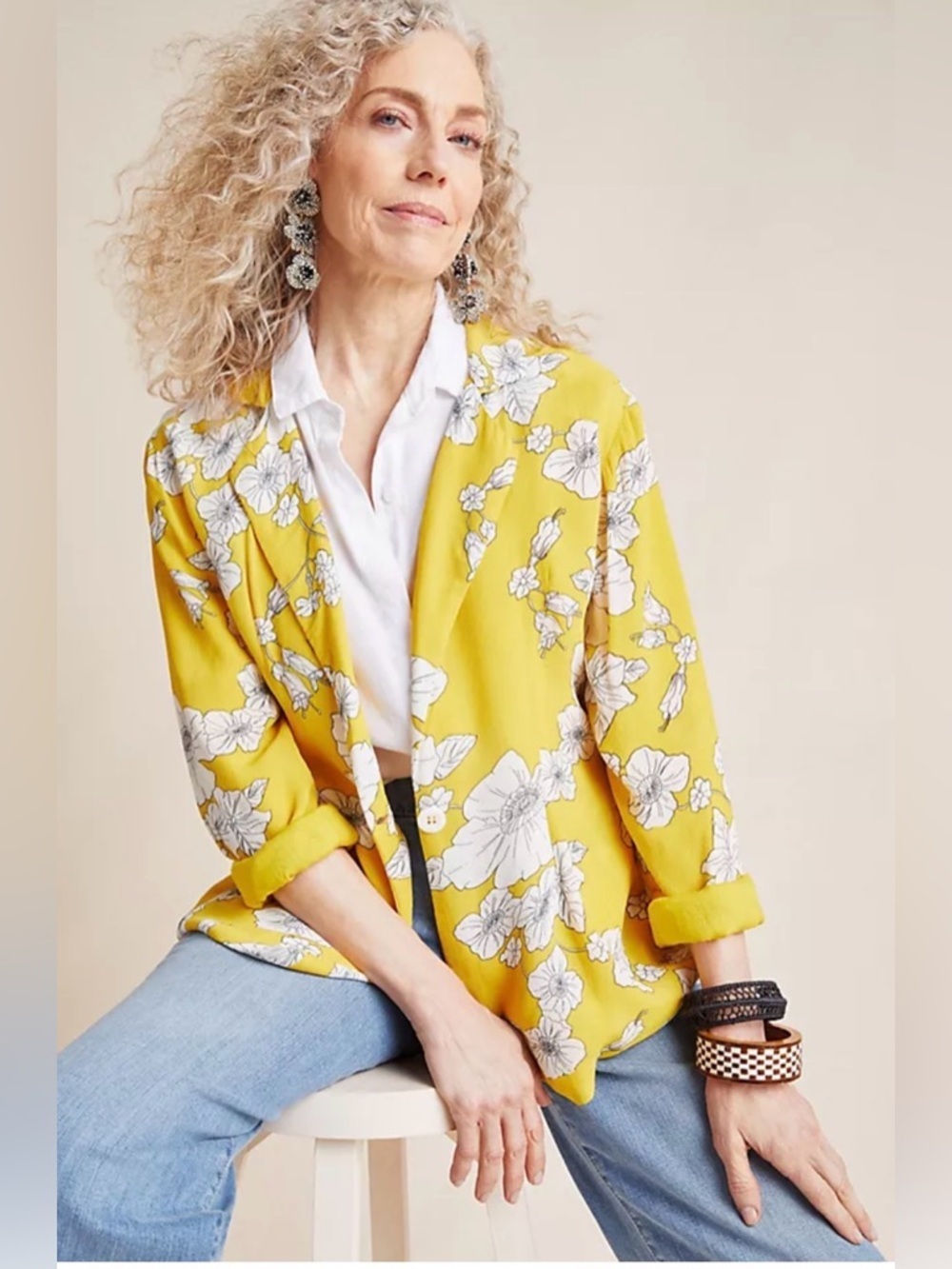 Cleobella Freesia Floral Blazer in Canary Yellow & White Size medium